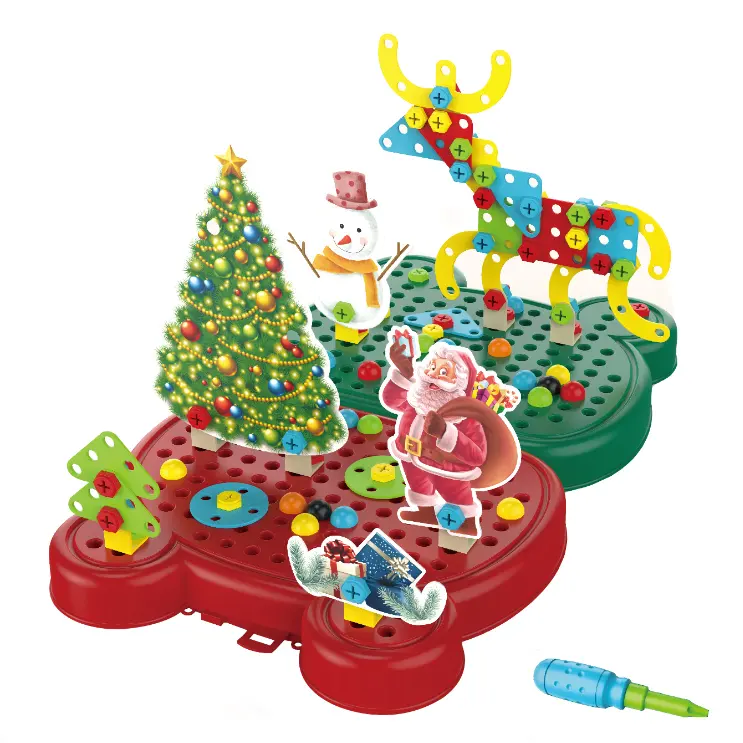 Netter Cartoon DIY Weihnachts thema Schraube Montage Tablett Handbuch Kit 216PCS Kinder sicher Kunststoff Lernspiel zeug