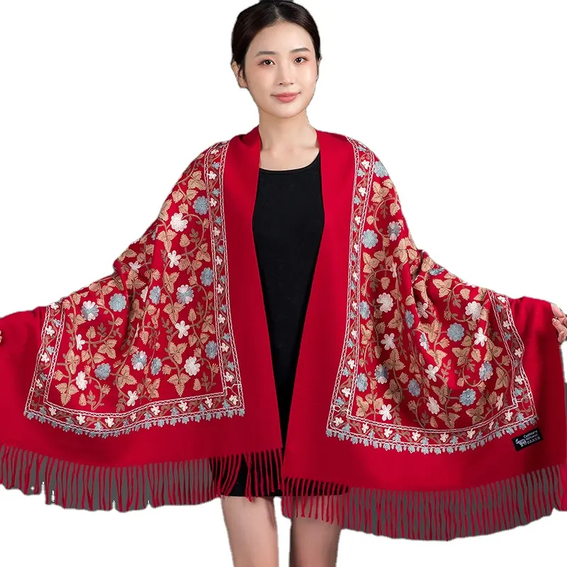 Nepalese tinh tế Ginkgo lá thêu, lớn màu đỏ đám cưới Cashmere len khăn choàng, Trung Quốc phong cách dân tộc khăn cho sử dụng kép