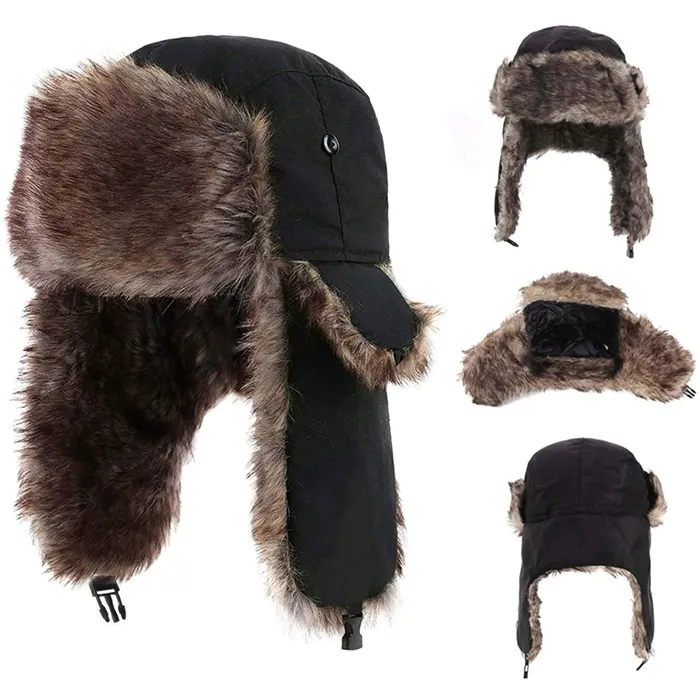 Chapeau de trappeur en cuir de Style russe de Guangzhou, chapeau chaud pour hommes, Logo personnalisé, chapeau d'hiver avec fourrure, vente en gros