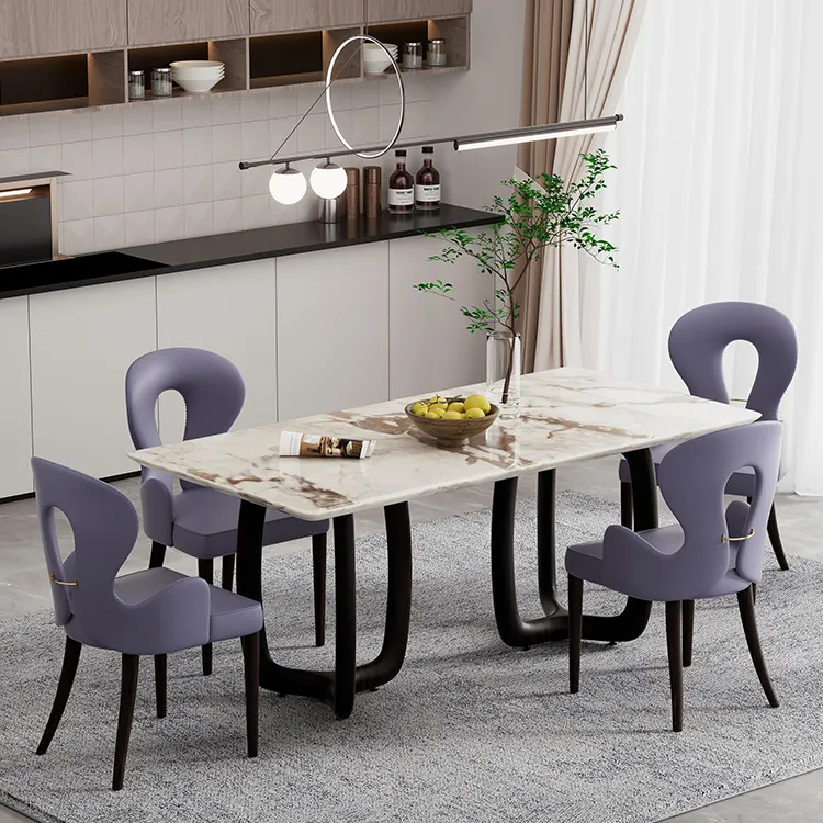 Bắc Âu phong cách cổ điển thoải mái PU da màu tím ghế gỗ rắn 4 6 chỗ ngồi Bộ bàn ăn