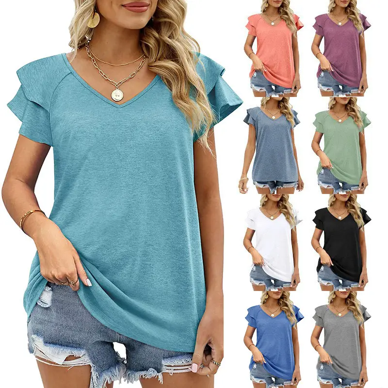 Hochwertige Baumwolle 19 Farben Frauen T-Shirt anpassbare leere lässige Schmetterling Ärmel Frauen T-Shirt
