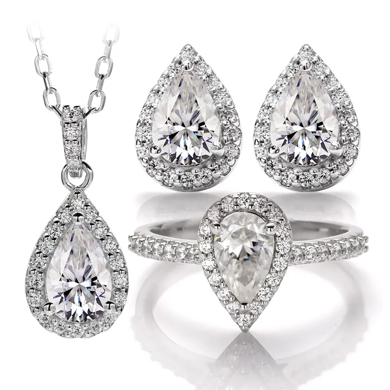 MessI gioielli HL06M 1Ct Pear Cut DEF Moissanite 925 Ailver Anello Set