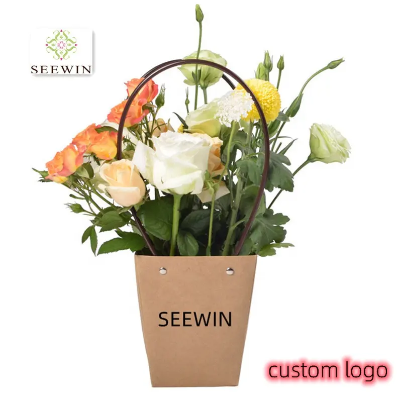 SEEWIN borsa per bouquet di fiori in carta kraft impermeabile marrone piccola all'ingrosso con manico piatto