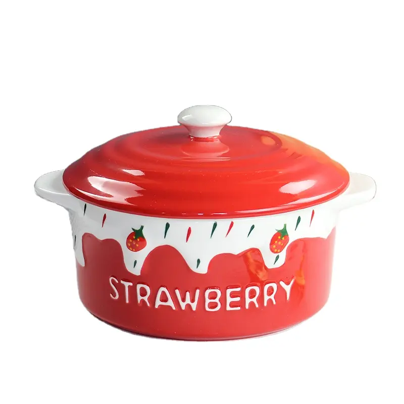 Casseruola in ceramica con Design alla fragola ciotole per zuppa doppio manico con coperchi dessert stufato per cucinare e cuocere al forno