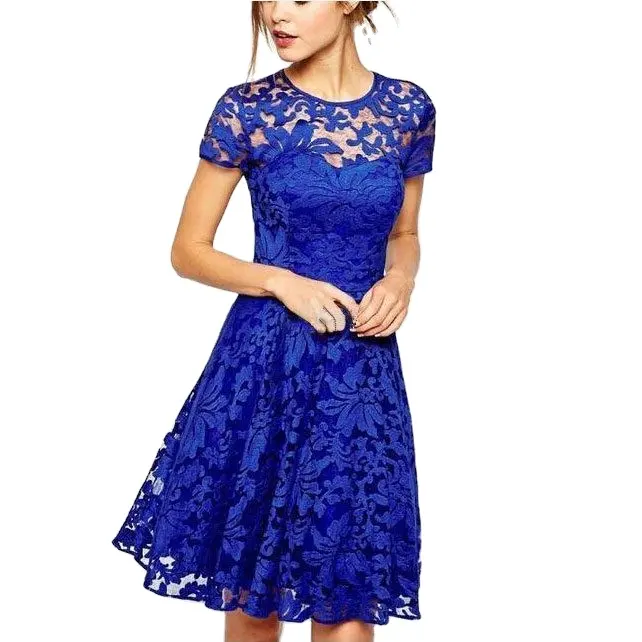 Wholesale S-5XL Women Summer Lace Dresses O-neck Short Sleeve Royal Blue Lady Girls A-line Slim Casual Dress