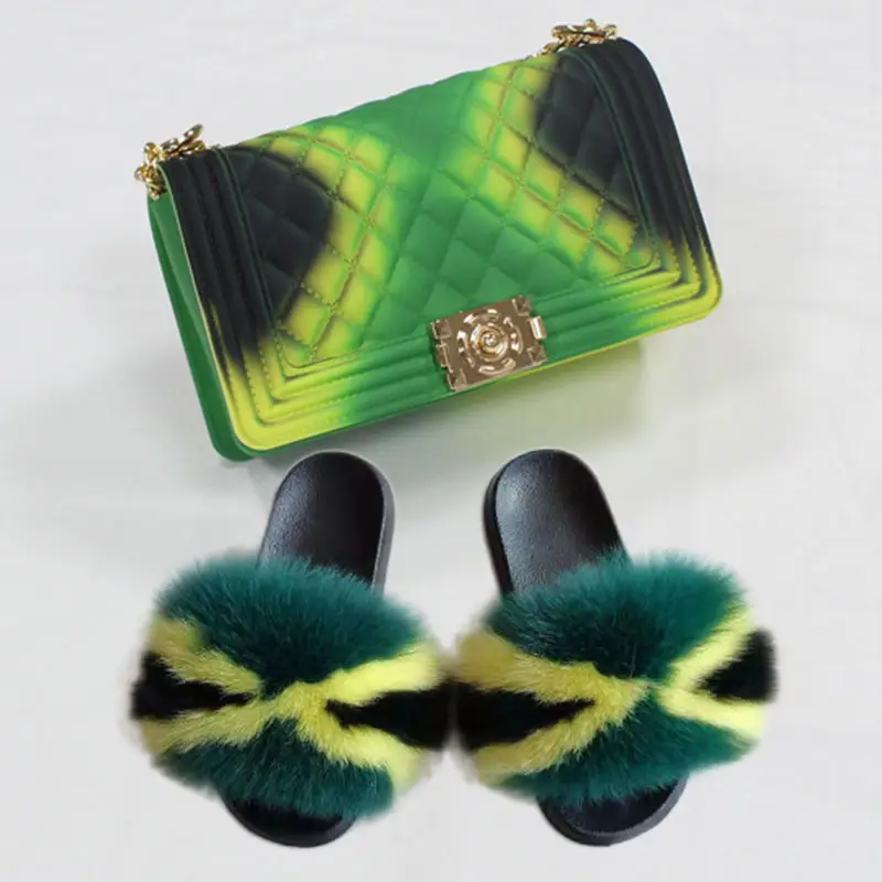 New Fur Shoes Furry Sandals Pvc Rainbow Jelly Purse Tote Bag Colorful Wallet Flip Flops Travel Shoe Set House Slippers For Women