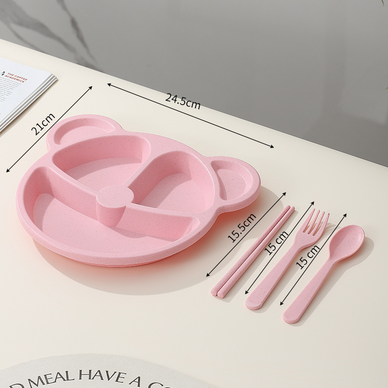 Nordic pink, fork spoon, chopsticks, little bear 3-compartment plate