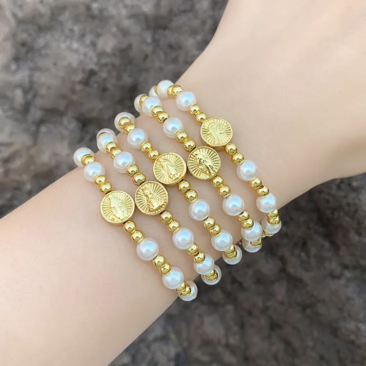 Braccialetto elastico di perle di perline di rame all'ingrosso di stile misto fidanzate bracciale geometrico rettangolare con zirconi d'amore vergine maria