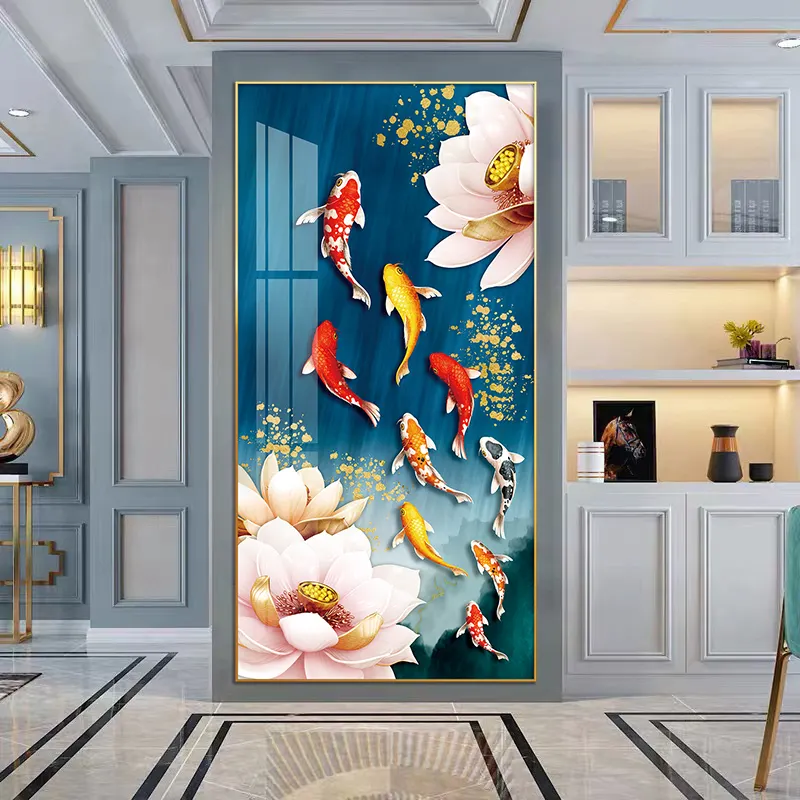 Lótus rosa e um grupo de pinturas koi e arte mural carpa peixe impressão em tela cartaz Crystal porcelain painting for home decor