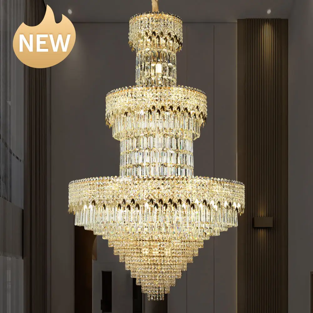 Luminaire de lustre en cristal de luxe pour hall d'hôtel moderne éclairage grande lampe de luxe européenne vintage décorative dorée