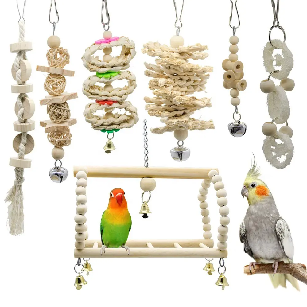 7 Pcs Bird Parrot Swing Chewing Toys- Natural Wood Hanging Bell Bird Cage Toys Suitable for Small Parakeets, Cockatiels, Conure