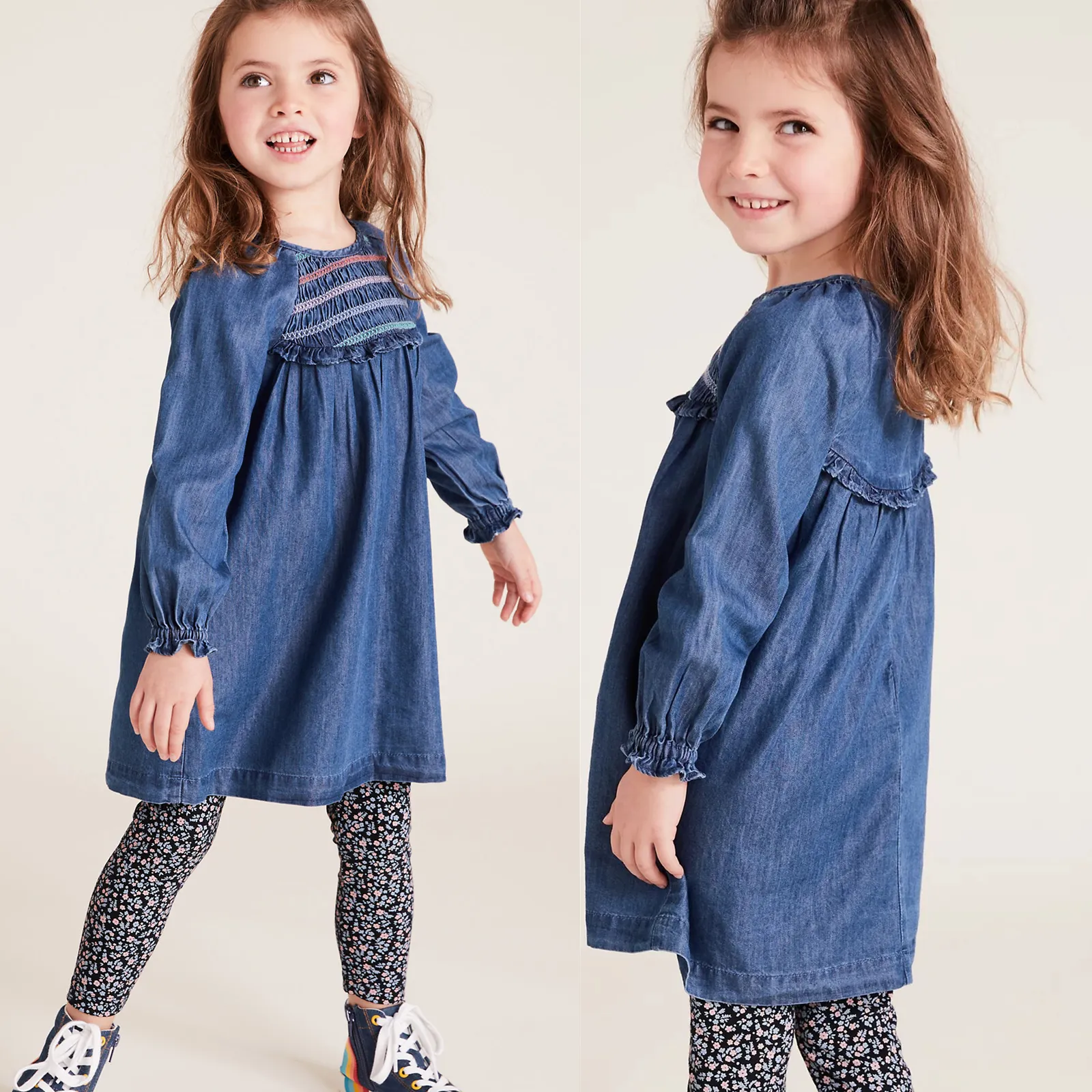 Certificado ISO mejor precio al por mayor de moda Casual ropa de niños Denim Smocked vestidos para niñas