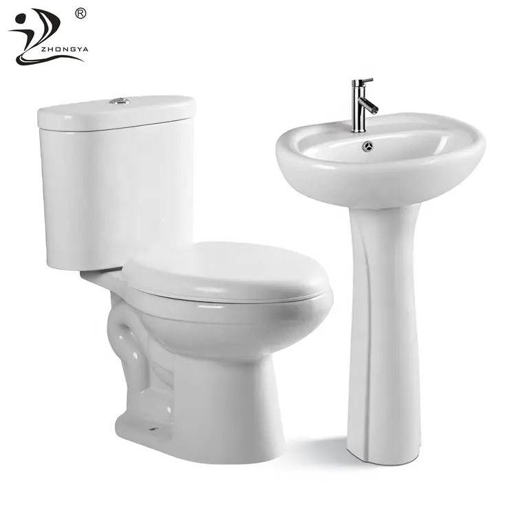 ZHONGYA Oem cheap siphonic two piece toilet commode pedestal basin bathroom porcelain toilet bowl set with sink