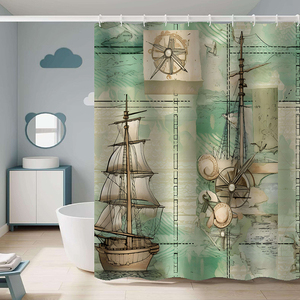 Hiện Đại Cổ Điển Hải Lý Thiết Kế Màu Xanh Vàng La Bàn Neo Ngọn Hải Đăng Không Thấm Nước Polyester Rèm Tắm Móc Cho Phòng Tắm Sử Dụng - Product Image 1