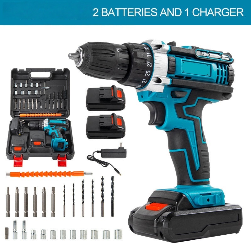 Perceuse sans fil bleue, kit d'outils avec deux batteries et un chargeur