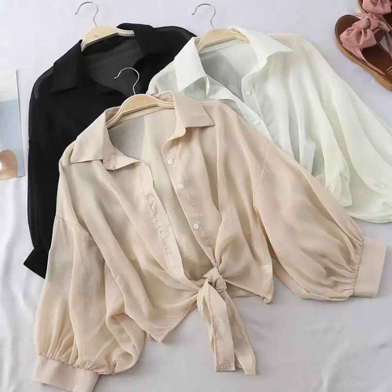Летние женские рубашки с коротким рукавом, Свободная Повседневная блузка, шифоновая рубашка, элегантные блузки с завязкой на талии для женщин C14628