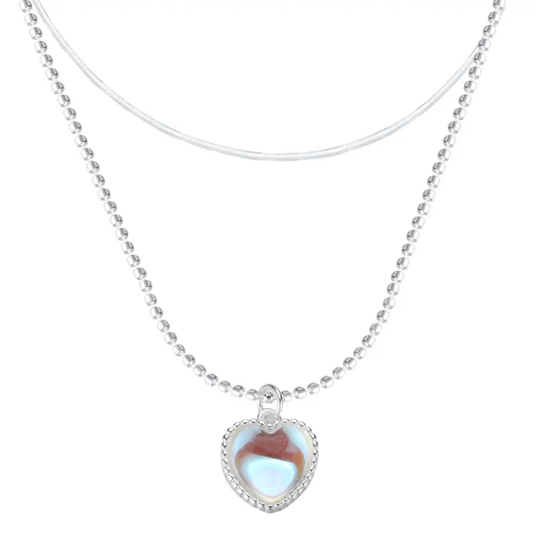 Collana con pietra di luna d'amore con Design a doppio strato collana con clavicola a forma di cuore di pesca con gemma sfumata dolce da donna