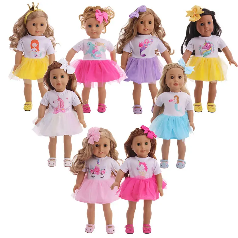 Boneca americana de verão, 18 polegadas, acessórios de boneca, roupas de manga curta 43cm, boneca shafu, saia de tule, vestido de boneca para meninas