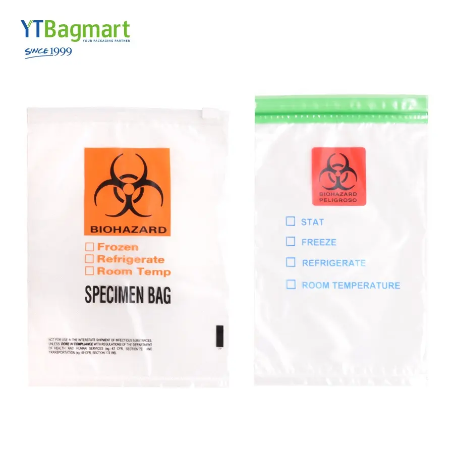 Ldpe Kangaroo BagZipper Autoclavable Biohazard Bolsas con bolsillo Bolsas de plástico para laboratorio Bolsas para muestras