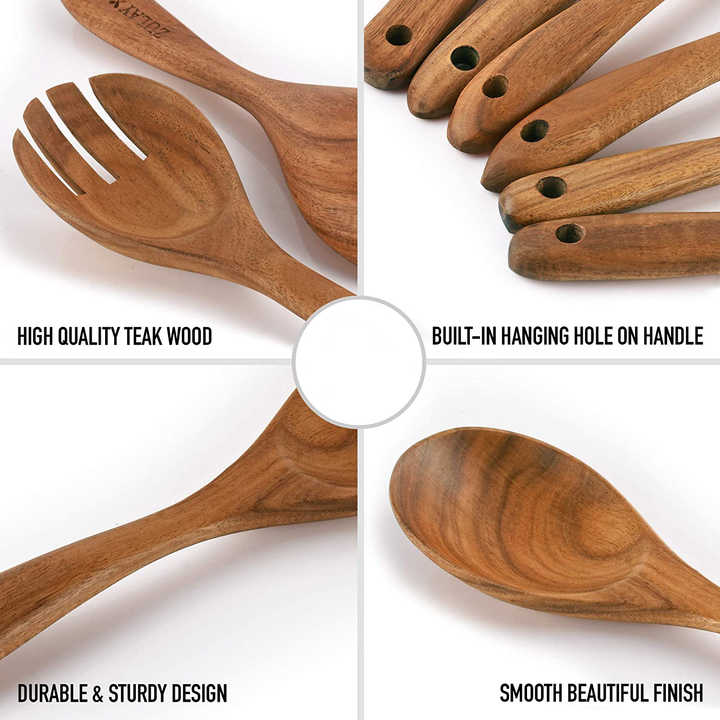 Set peralatan memasak dapur, peralatan kayu alami sendok dan spatula sendok kayu untuk memasak garpu Salad