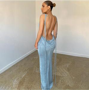 2024 Summer New European and American Style Fashion Sexy <strong>Open</strong> Back Lace <strong>up</strong> Temperament Bra Hanging Neck Long Dress - Product Image 5