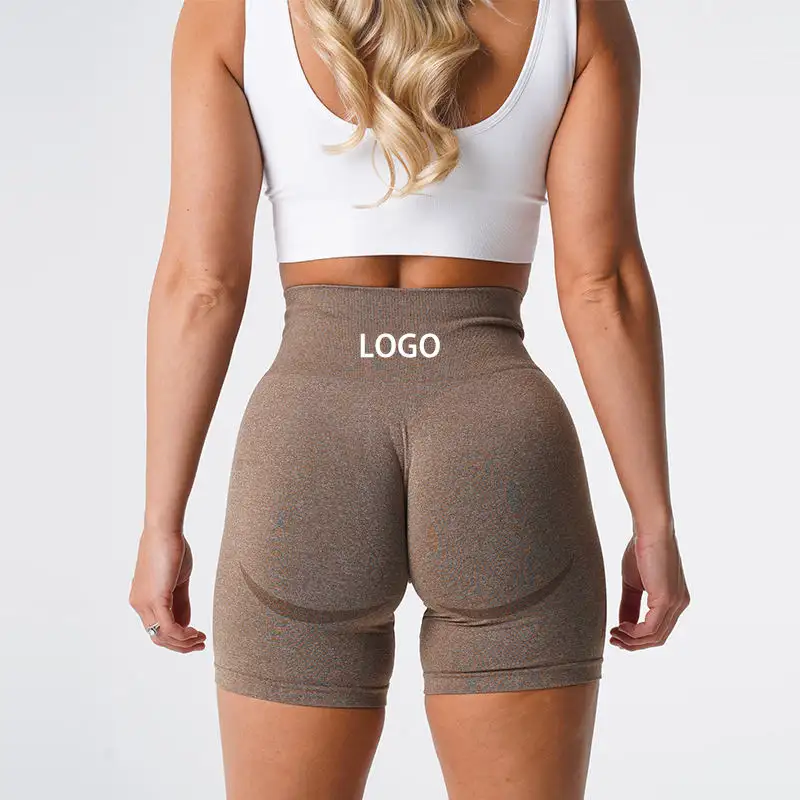 Custom Gebreide Logo Fitness Workout Vrouwen Nvgtn 90% Nylon 10% Spandex Yoga Gym Booty Naadloze Pro Shorts