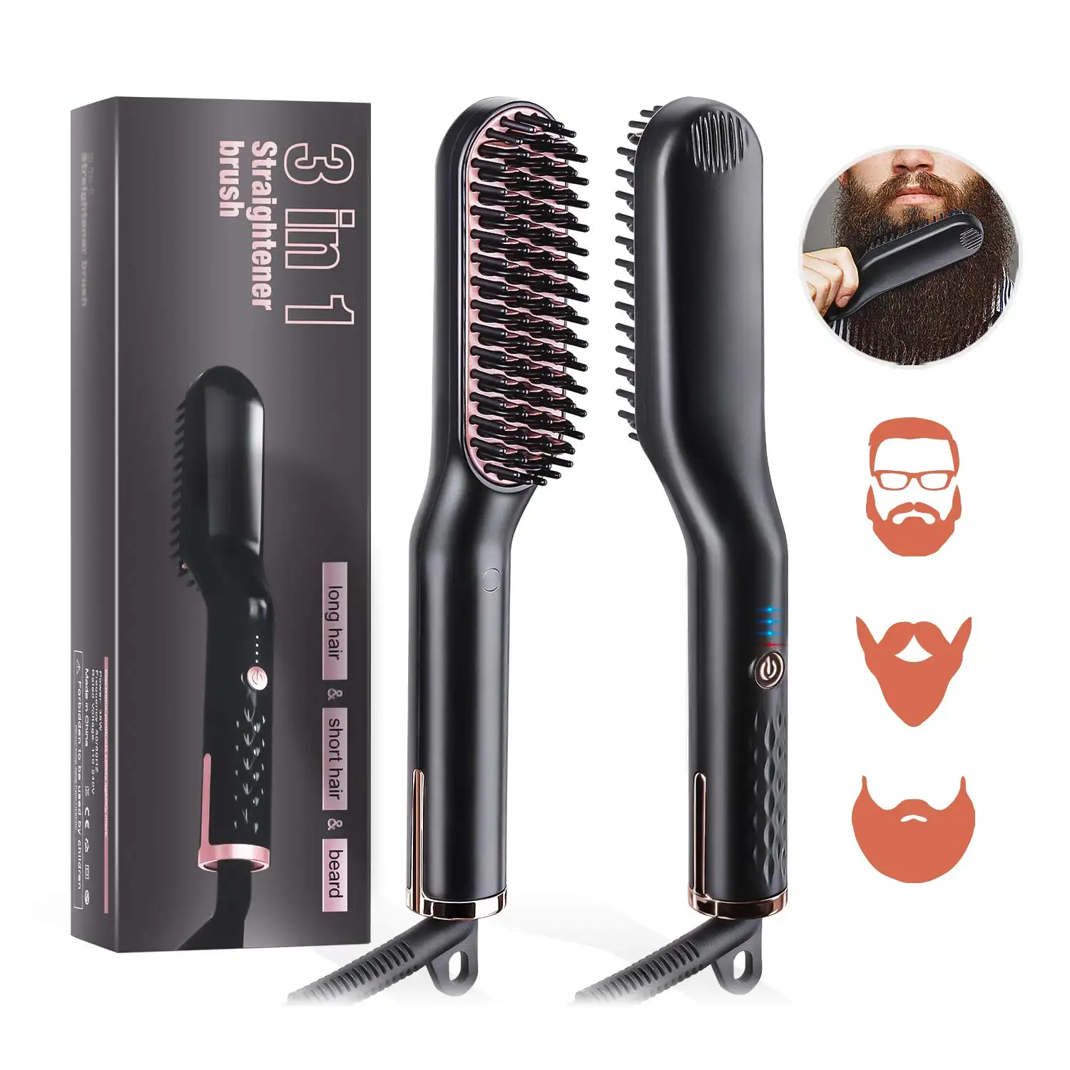 Alisador de barba para homens, melhor venda de alisador de barba, escova de cabelo ptc, aquecimento, cerâmica, pente de alisamento de barba, atacado, dupla tensão