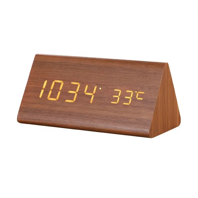 Reloj despertador de madera con forma triangular, temperatura LED Digital, termómetro de madera, reloj de madera MDF PVC, control por voz, reloj de escritorio