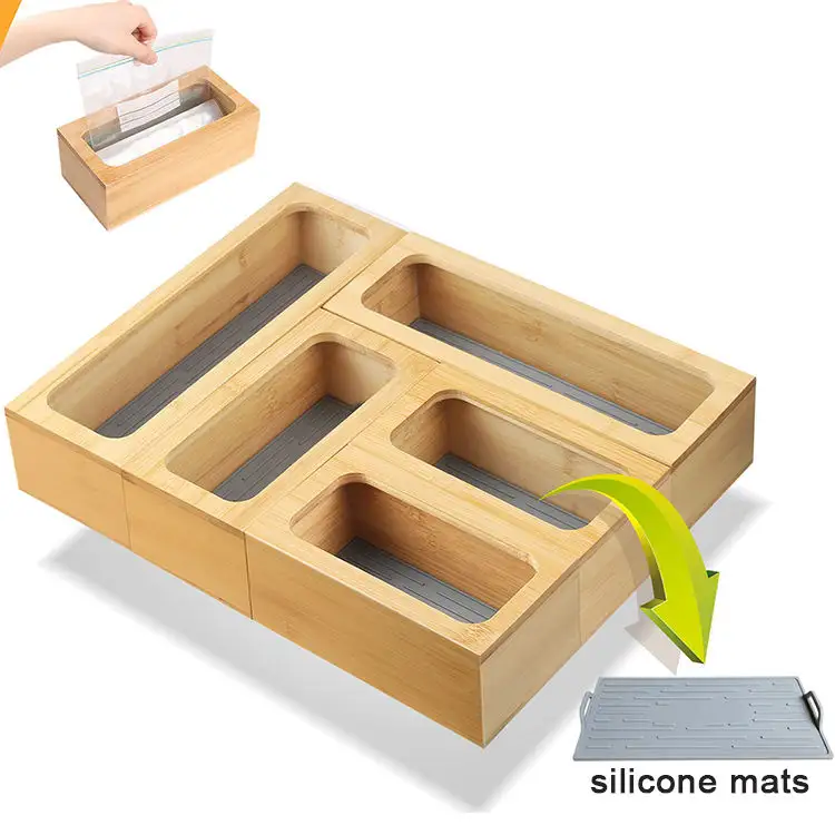 Kiechen 5 Peças Cozinha Gaveta Organizadores Com Separado Silicone Mats Bambu Ziplock Bag Organizador De Armazenamento