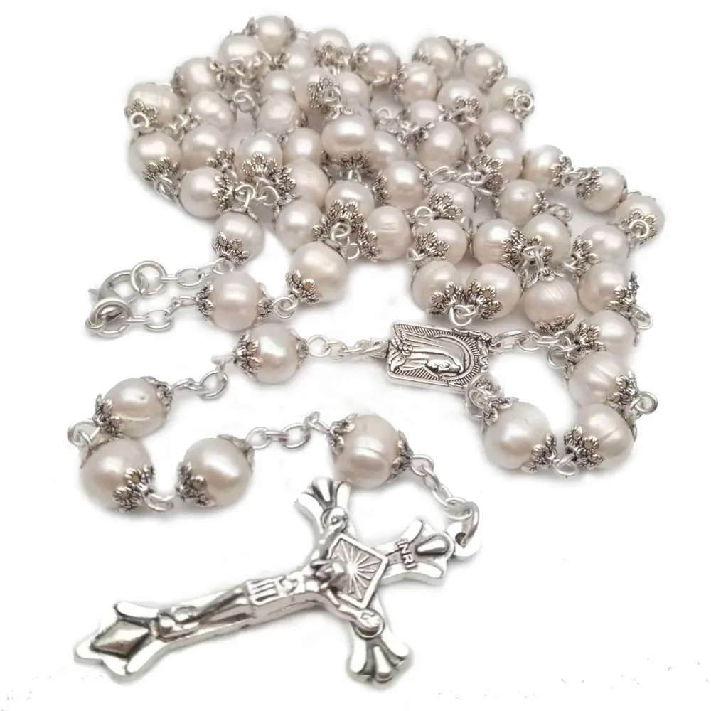 High Quality Wholesale Natural Freshwater Pearl Rosary Cross Christian Necklace Catholicism Rosary