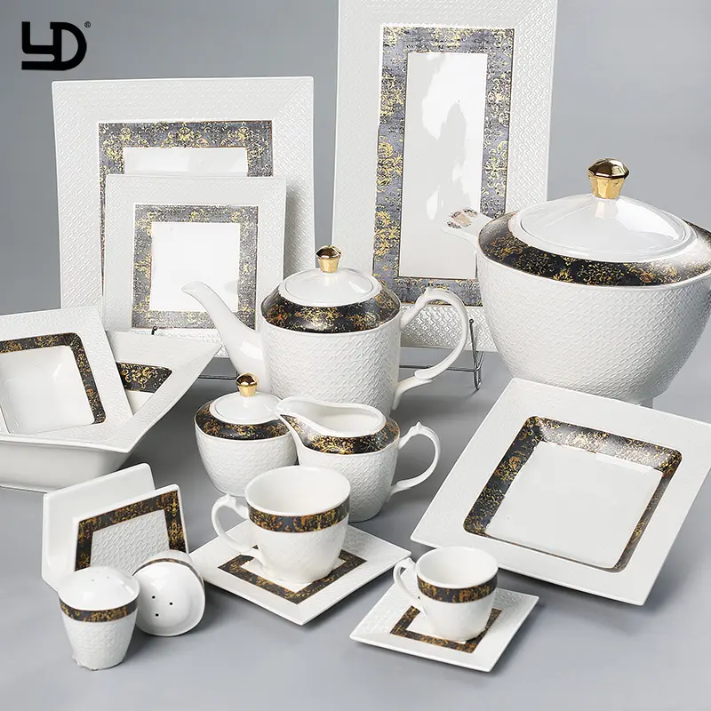 Customized Durable Porcelain Bone Dinner Sets Luxury Porcelain Ceramic Factory Price Embossed Ceramics Tableware Sets