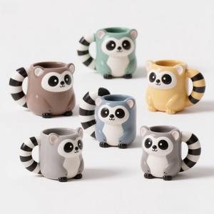 Anel-tailed Lemur Shaped Canecas De Café De Cerâmica com Tampa & Pires, Aceitar Personalizado, Ai Criado, MOQ 500PCS
