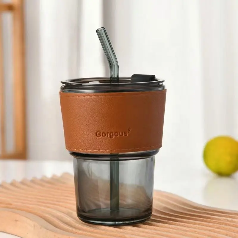 Hot Sale Travel Wheat Straw Hot Cold Coffee Cups Saucers Glass Coffee Tea Cup With Straw Glass Cup/