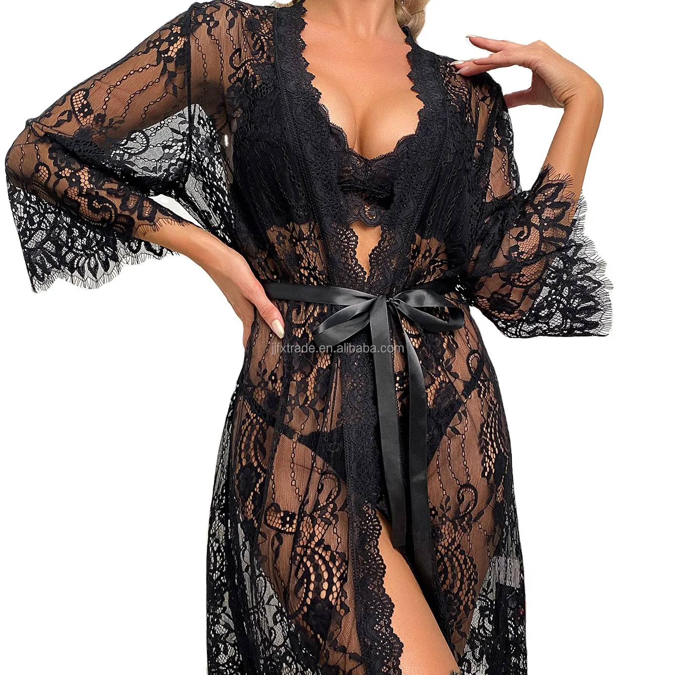 Pijamas laço camisola perspectiva malha Sleepwear feminino escavar fora sexy preto mulheres Robe