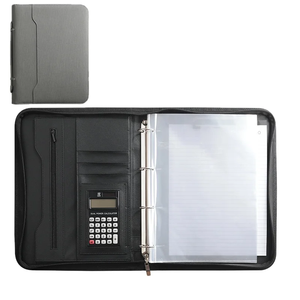 Carpeta de 4 anillas con logotipo personalizado todo en uno Cuaderno con calculadora Padfolio de cuero vegano A4 Cartera de negocios con cremallera - Product Image 5