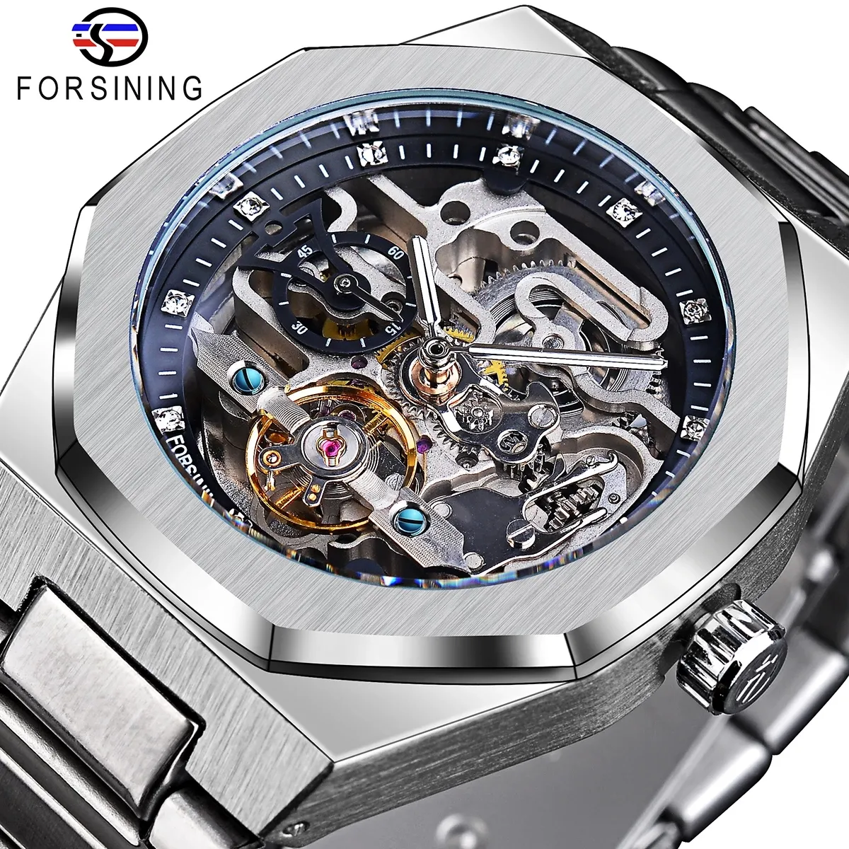 Forsining New Men Automatic Watch 3D Diamond Skeleton Hollow orologi da polso da uomo orologi regalo luminosi Tourbillon Montre Homme