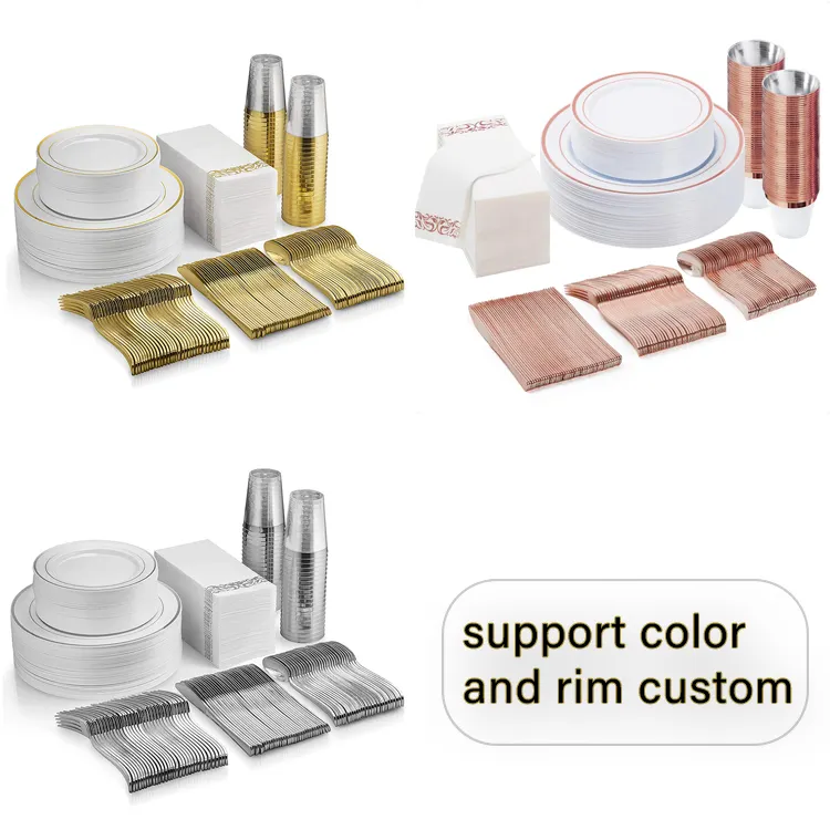 Hochleistungs-Kunststoff-Einweg-Geschirr-Set Goldener Rand-Muster-Geschirr und Teller für Parties und Hochzeiten
