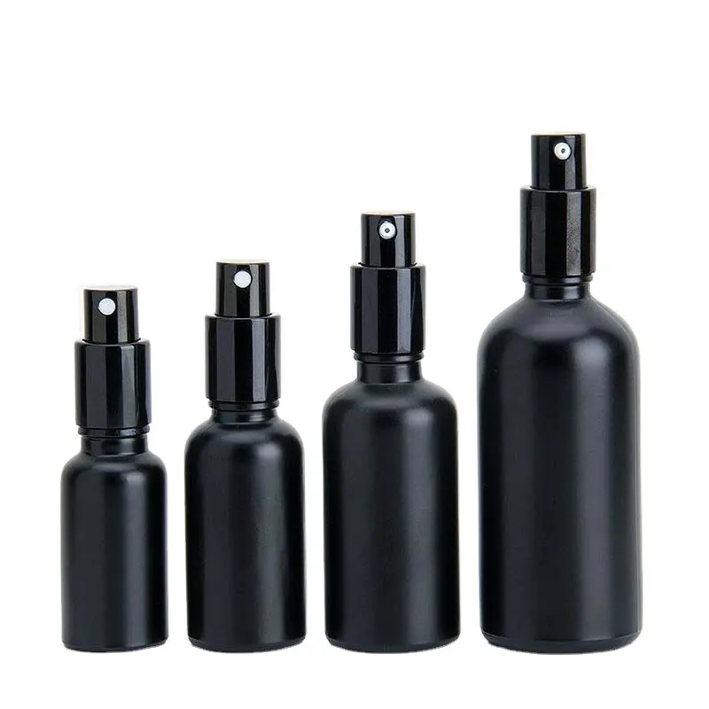 Botella de vidrio negro mate para cosméticos, botella vacía de aluminio esmerilado, aceite, bomba de niebla, 20ml, 30ml, 50ml, 100ml, listo para enviar