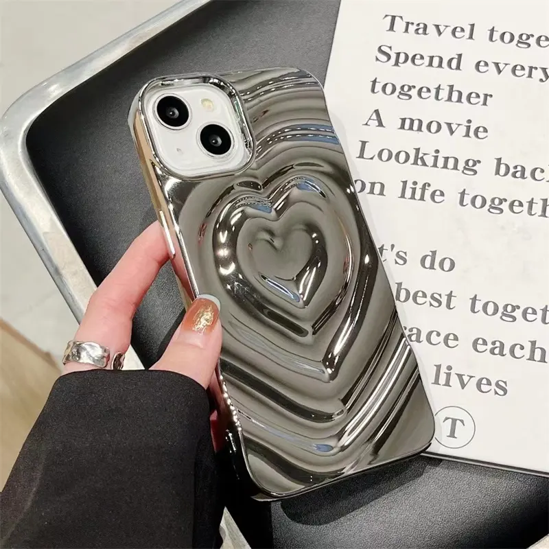 Lüks elektrolizle gümüş 3d kalp su dalgalanma telefon Iphone için kılıf 15 14 13 12 Pro Max kılıfları yumuşak silikon darbeye kabuk