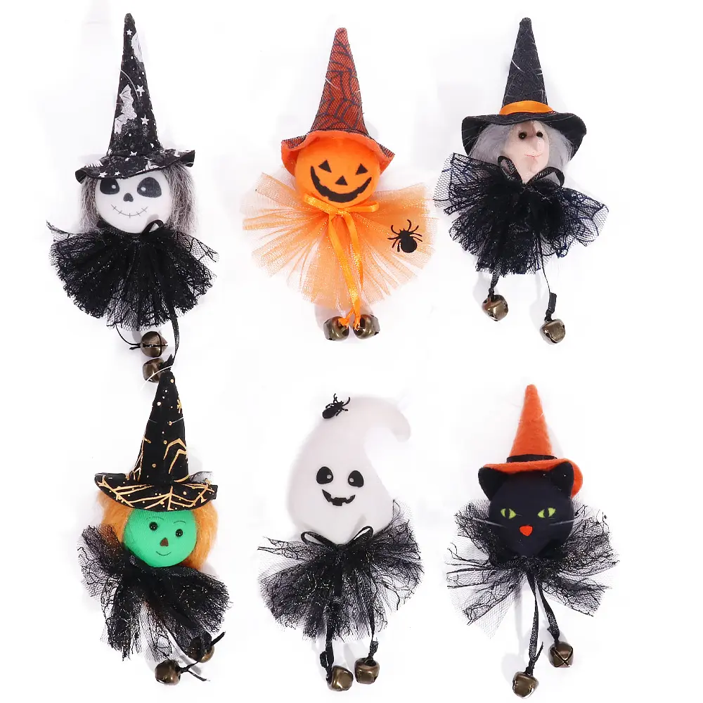 Muñeco bruja de dibujos animados, duende, decoración de Halloween, lugar configurado, bruja de calabaza con campana colgante, decoraciones de Halloween