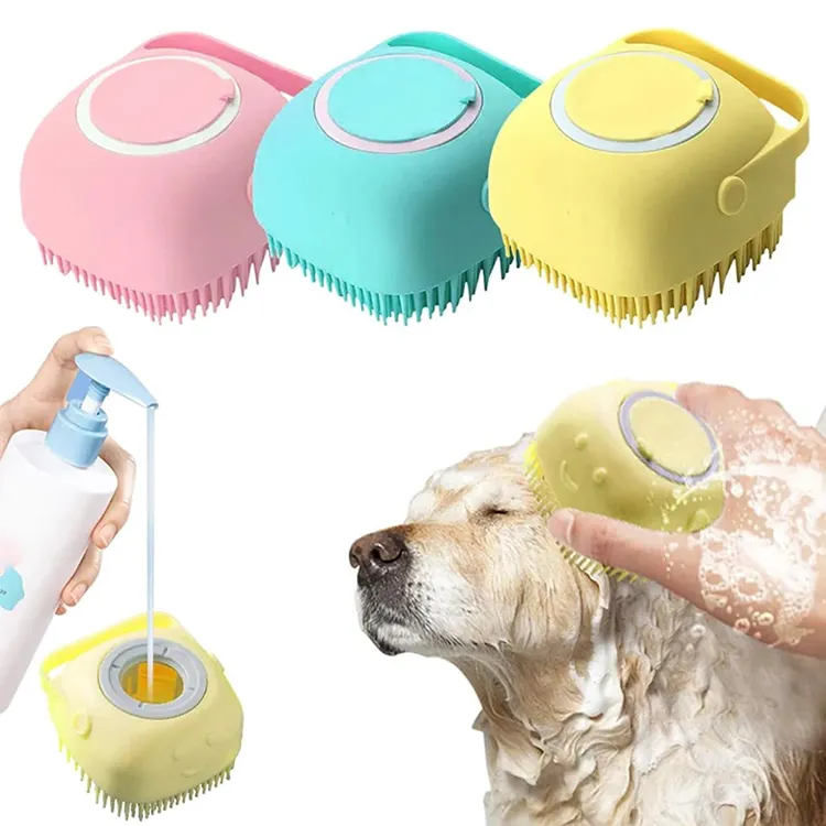 2024 brosse de douche pour animaux de compagnie brosse de bain en Silicone pour animaux de compagnie distributeur de shampooing bain Massage chat chien brosse de bain avec distributeur de savon