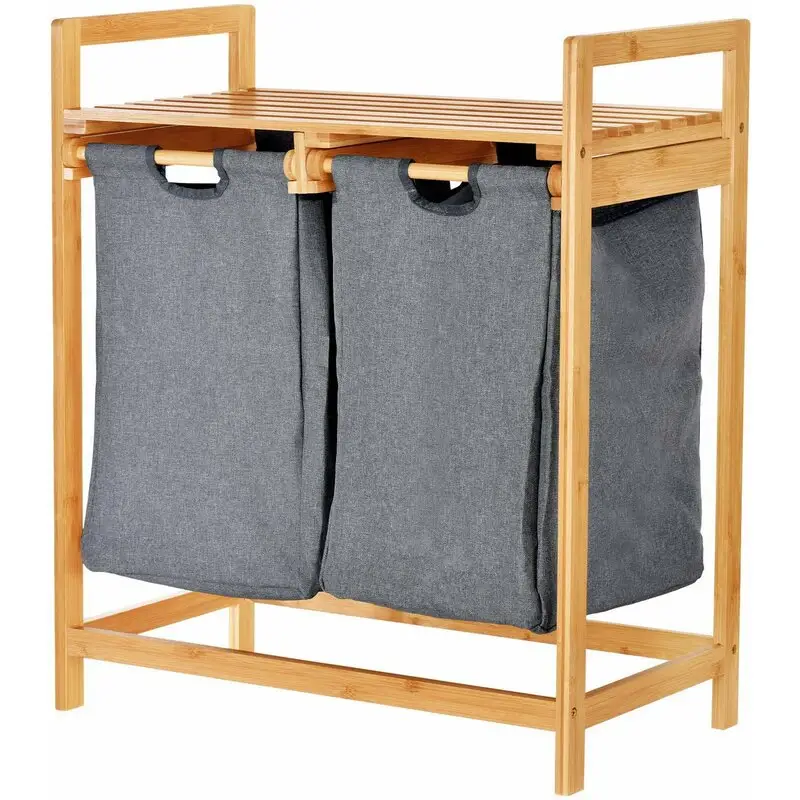 Cesto de lavanderia de bambu em dois seções, cesta de lavanderia com prateleira, grande capacidade