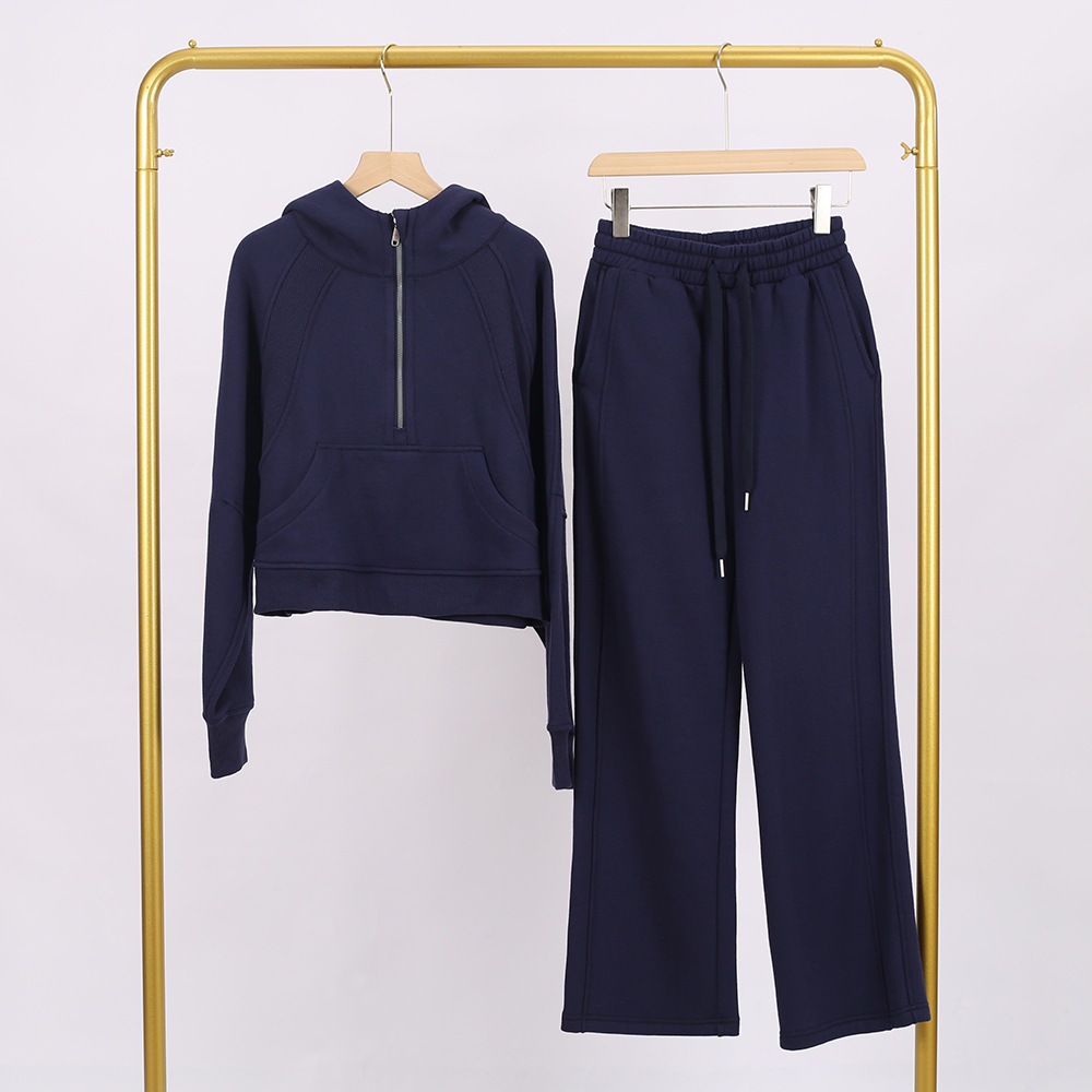 Midnight blue hooded half-pull sweat pants set