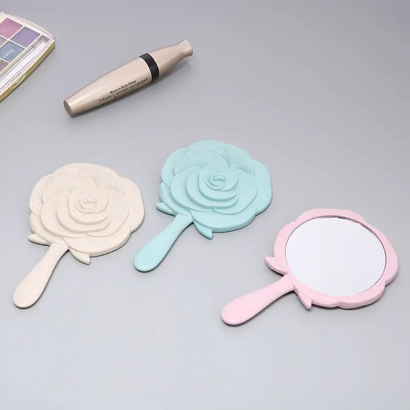 누드 핑크 꽃 로즈 디자인 핸드 헬드 미러 포켓 허영 거울 여자