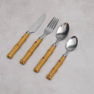 畅销哥伦比亚竹银餐具套装不锈钢餐具，含绿色塑料勺子刀叉pvc袋
