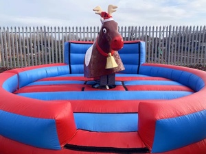 Inflatable Bull Riding Machine Rodeo Reindeer Round Rodeo Bed with Santa Feature Back Wall and Engaging <strong>Rudolf</strong> Reindeer Head - Product Image 2