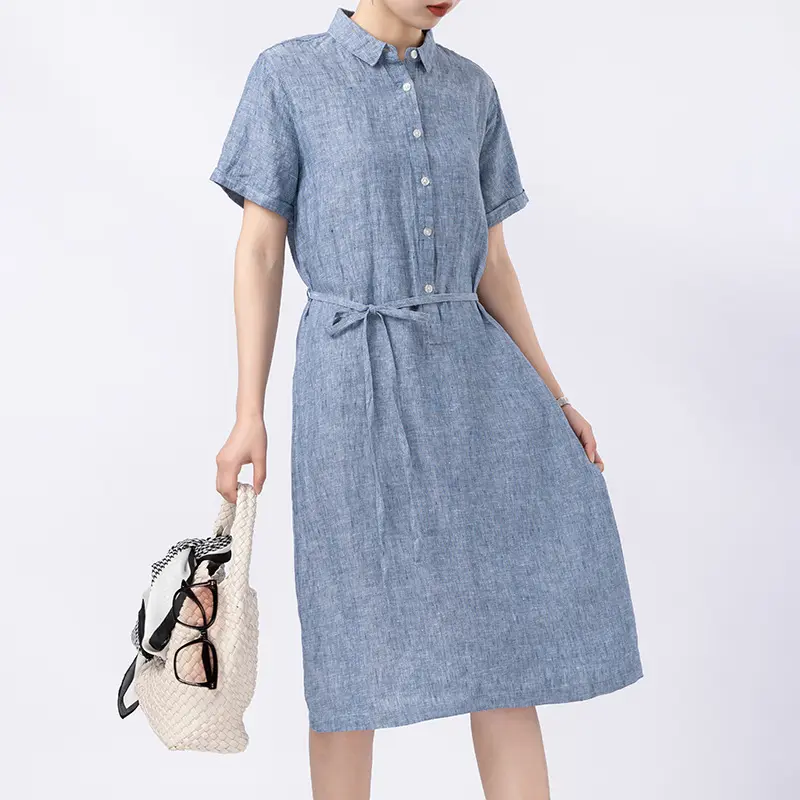 Personalizado Casual A-Line manga corta sólido Midi Turn Down Collar ropa OEM japonés verano camisa Vestido Mujer 100% Lino puro