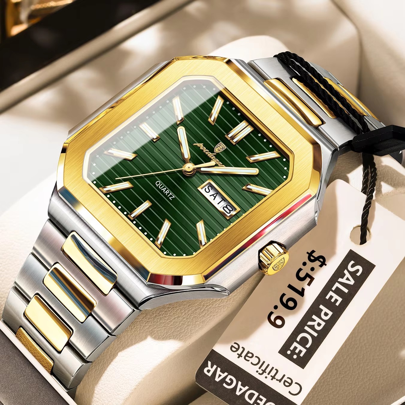 4 quadranti verdi, cinturino argento e oro