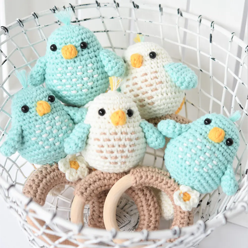 Merenda Katun Burung Mainan Kerincingan dengan Bunga Rajutan Tangan Kayu Teether untuk Bayi