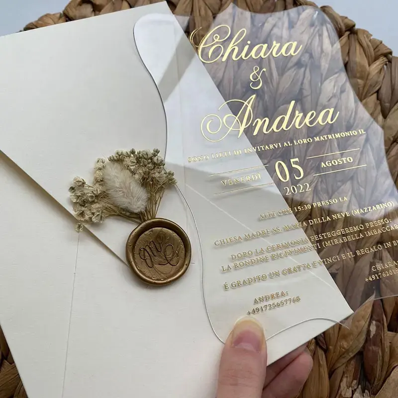 Scatola regalo di auguri unica in plastica trasparente personalizzata stampata in oro biglietti d'invito in acrilico per matrimoni tagliati al Laser invito a nozze in acrilico